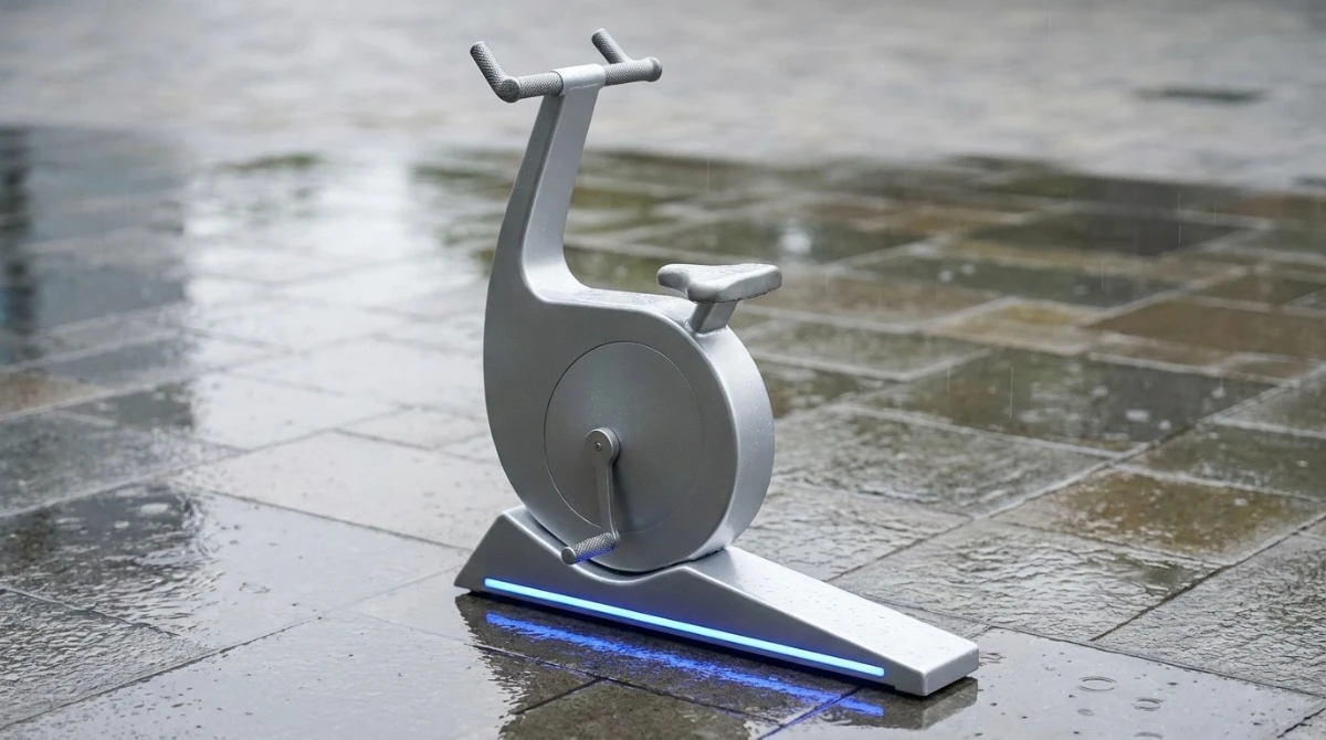 Close-up of Yingmi VR exercise bike frame showing galvanized steel construction and LED light strip installed outdoors Close-up of Yingmi VR exercise bike frame showing galvanized steel construction and LED light strip installed outdoors