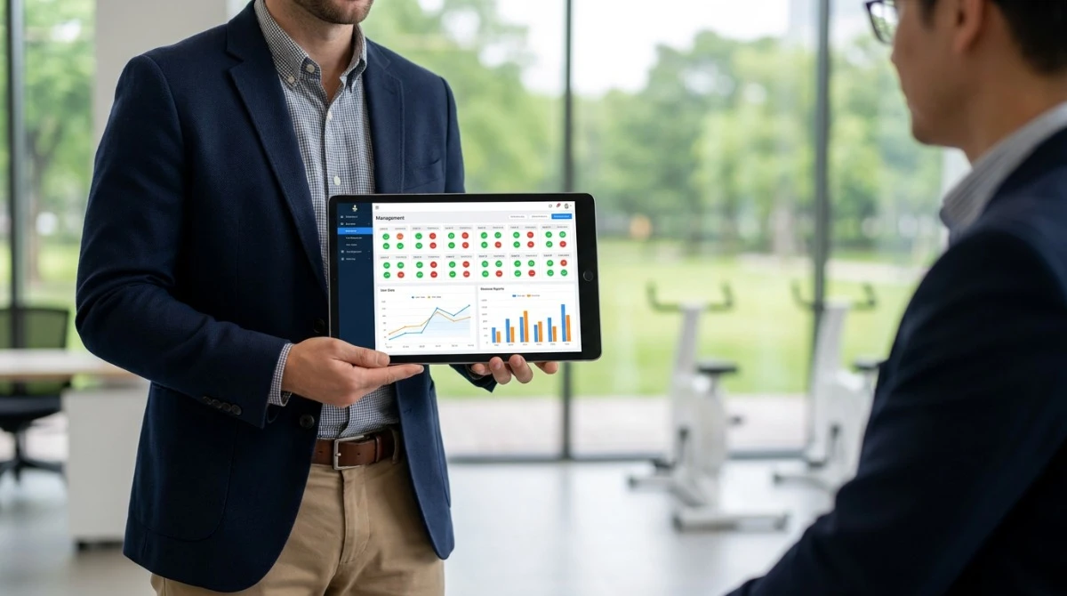 Venue manager viewing Yingmi VR cycling system backend dashboard on tablet showing device status and usage analytics Venue manager viewing Yingmi VR cycling system backend dashboard on tablet showing device status and usage analytics